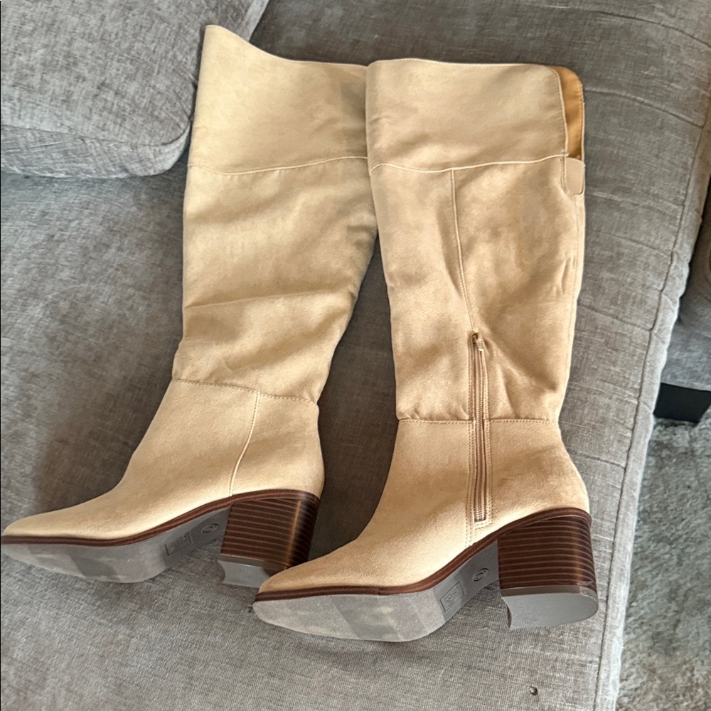Time and Tru Beige Knee-High Suede Block Heel Boots